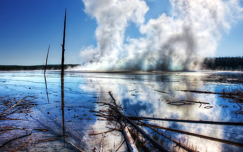 the mist, graphy, water, cloud, steam, reflection, white, blue, HD wallpaper