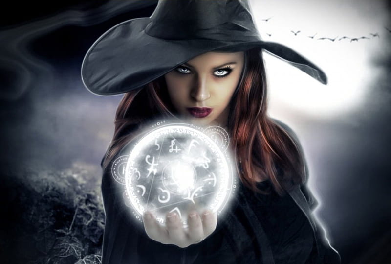 Welcome to my Magical World, ball, girl, crows, gothic, black, magic, eyes, hat, HD wallpaper