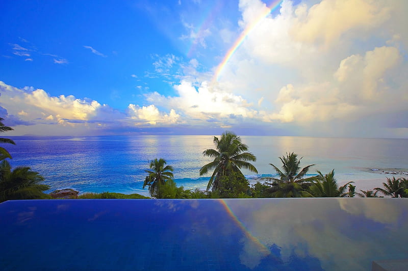 Rainbow over Tropical Ocean, Sky, Oceans, Rainbows, Nature, Sea, Tropical, Beaches, Clouds, Palms, HD wallpaper