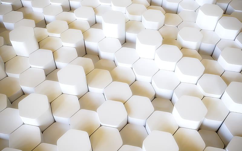 white 3D hexagons hexagons 3D texture, honeycomb, hexagons patterns, hexagons textures, 3D textures, white backgrounds, HD wallpaper