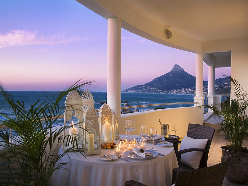Romantic dinner, mountain, dinner, hotel, cape town, view, balcony, 12, sea, HD wallpaper