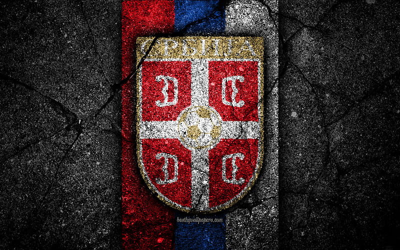 Serbian football team emblem, UEFA, Europe, football, asphalt texture, soccer, Serbia, European national football teams, Serbia national football team, HD wallpaper