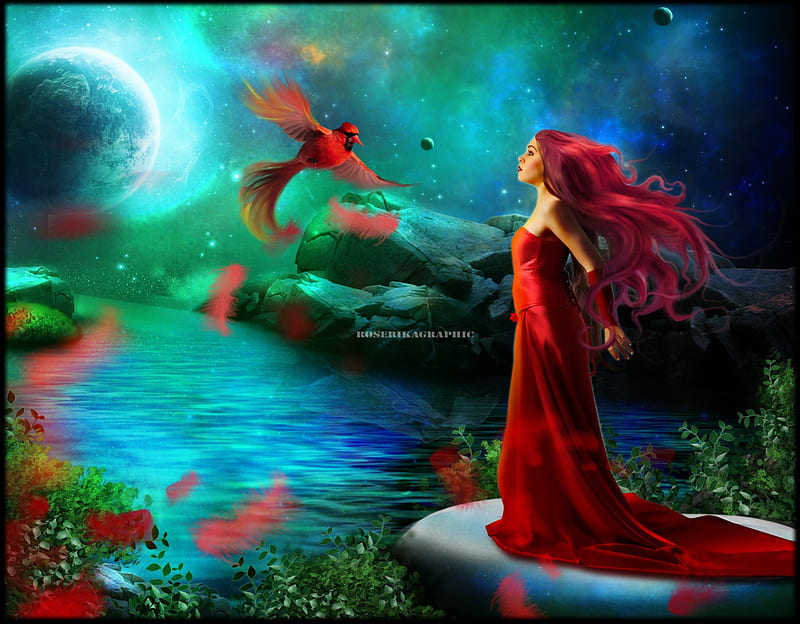 ~The Lady in Red~, red, pretty, colorful, grass, redhead, bonito, digital art, women, fantasy, manipulation, flowers, girls, animals, lakes, female, models, fishes, lovely, colors, birds, butterflies, trees, abstract, cool, plants, weird things people wear, lady, HD wallpaper