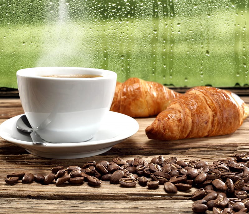 Coffee, beans, cup, breakfast, croissant, HD wallpaper
