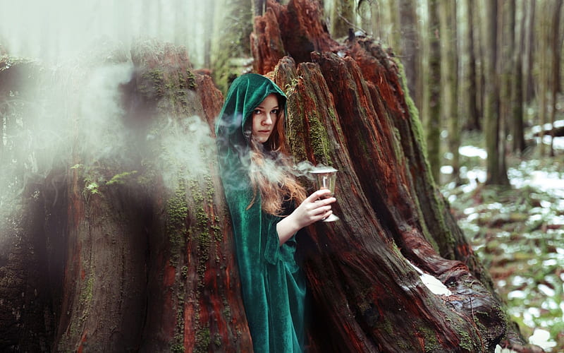 Witches Work, forest, art, trees, woman, HD wallpaper