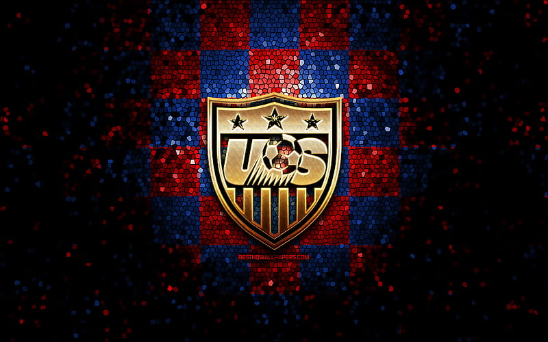 US Mens National Soccer Team, glitter logo, CONCACAF, North America, red blue checkered background, mosaic art, soccer, American National Soccer Team, USMNT logo, football, US soccer team, USA, HD wallpaper