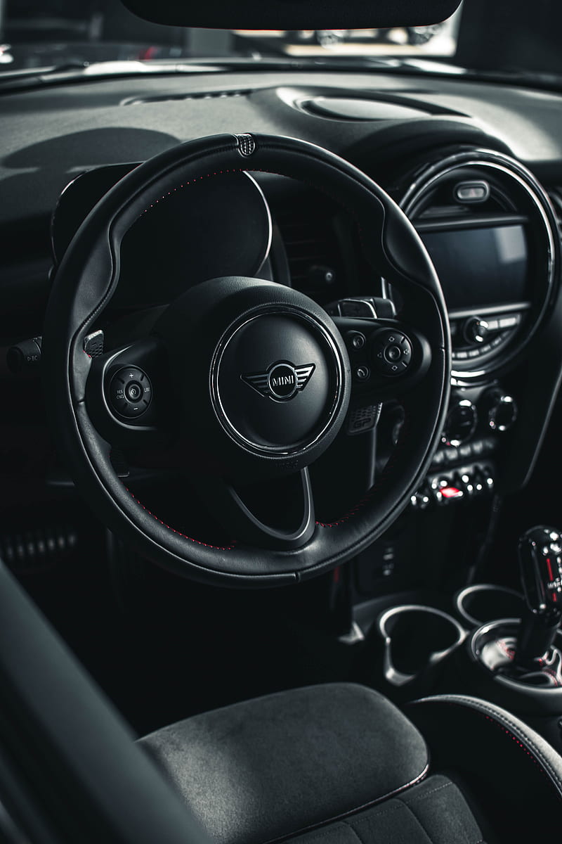 mini, car, steering wheel, seats, salon, black, HD phone wallpaper
