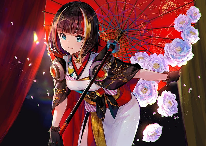 :-), red, girl, anime, manga, umbrella, flower, fuji choko, parasol, HD wallpaper