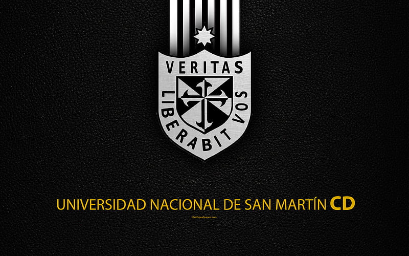 CD Universidad de San Martín de Porres logo, leather texture, Peruvian football club, emblem, black and white lines, Peruvian Primera Division, Lima, Peru, football, HD wallpaper