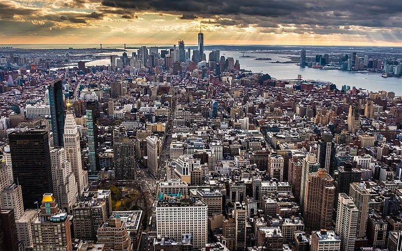 Manhattan, New York, Empire State Building, evening, sunset, metropolis, skyscrapers, World Trade Center 1, USA, HD wallpaper