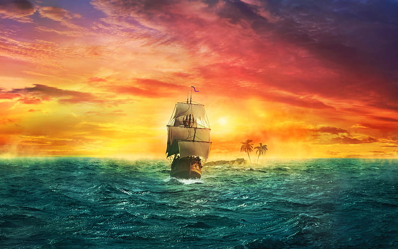sailboat, sunset, island, ocean, HD wallpaper