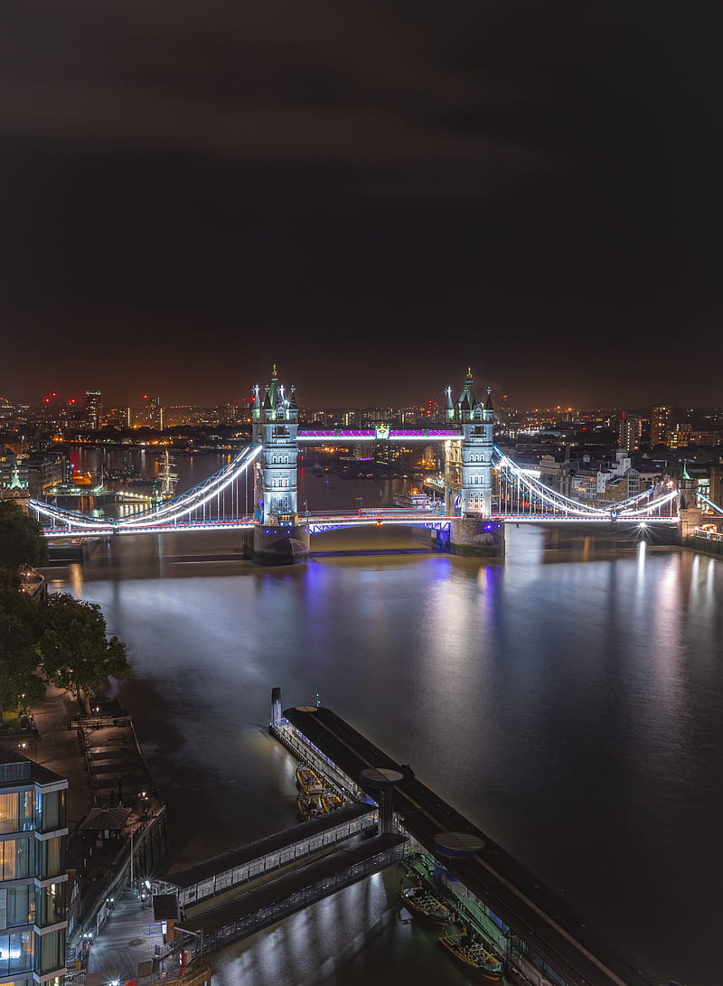 night city, bridge, architecture, lights, river, HD phone wallpaper