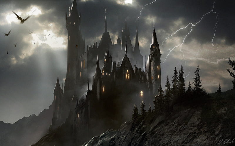 Transylvanian castle, fantasy, darek zabrocki, halloween, dark, black, night, HD wallpaper