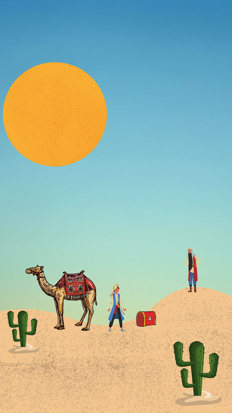 Arabian Desert, cactus, camel, orange, retro, sand, sun, treasure, yellow, HD phone wallpaper