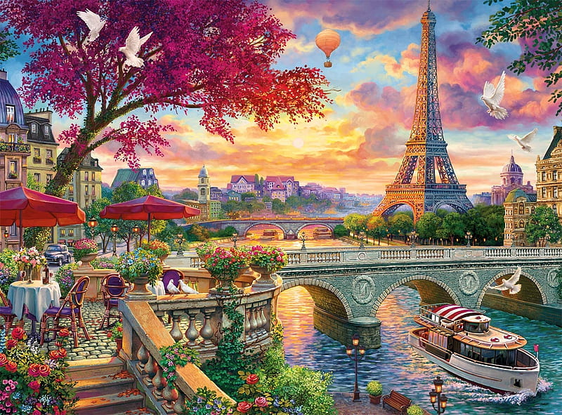 Vive la Paris - Chuck Pinson, tables, houses, clouds, sky, artwork, balloon, tree, boats, restaurant, bridge, eiffel tower, seine, painting, chairs, river, HD wallpaper