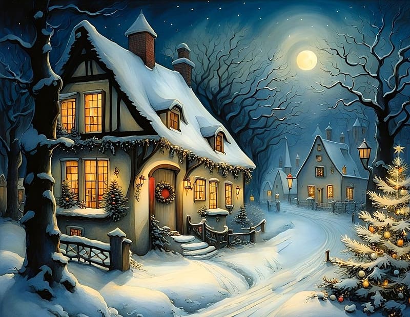 Evening winter village, lampafeny, karacsonyfa, telihold, fak, ho, tel, este, havas taj, teli, falu, HD wallpaper