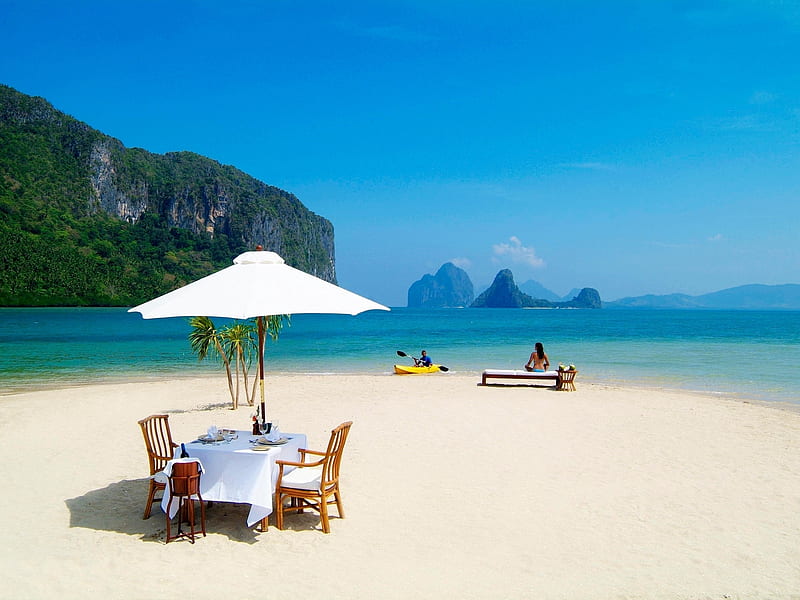 Beach vacation, Table, beach, Couple, Island, Ocean, HD wallpaper