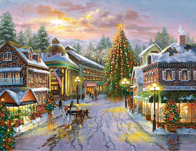 Christmas, house, tree, craciun, sunset, thomas kinkade, street, art, painting, pictura, HD wallpaper