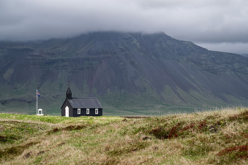 church, mountain, valley, flag, nature, iceland, HD wallpaper