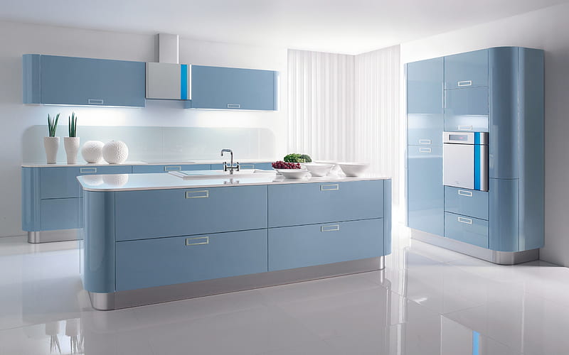 blue kitchen, stylish interior, white flowerpots, blue kitchen furniture, kitchen, modern design, interior idea, HD wallpaper