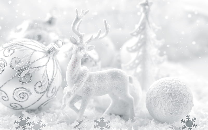 White deer decoration, Christmas, White Christmas background, Happy New Year, white christmas balls, Merry Christmas, HD wallpaper