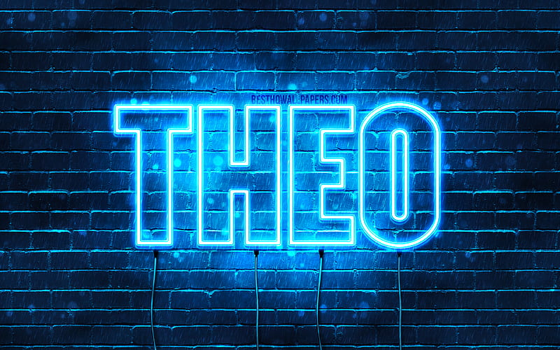 Theo with names, horizontal text, Theo name, blue neon lights, with Theo name, HD wallpaper