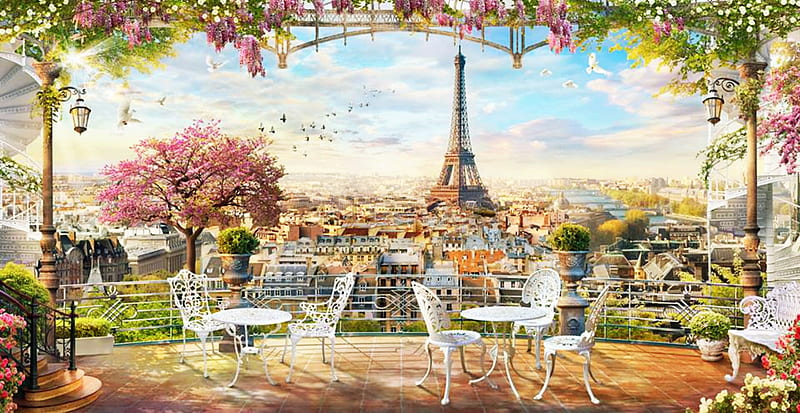 Evening in Paris, art, eiffel tower, balcony, chairs, flowers, paris, bonito, evening, HD wallpaper