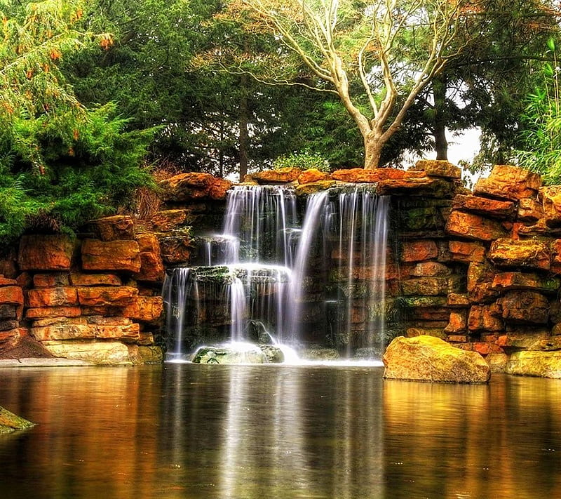 Natural Waterfall, forest, landscape, nature, nice, rocks, tress, water, waterfall, HD wallpaper