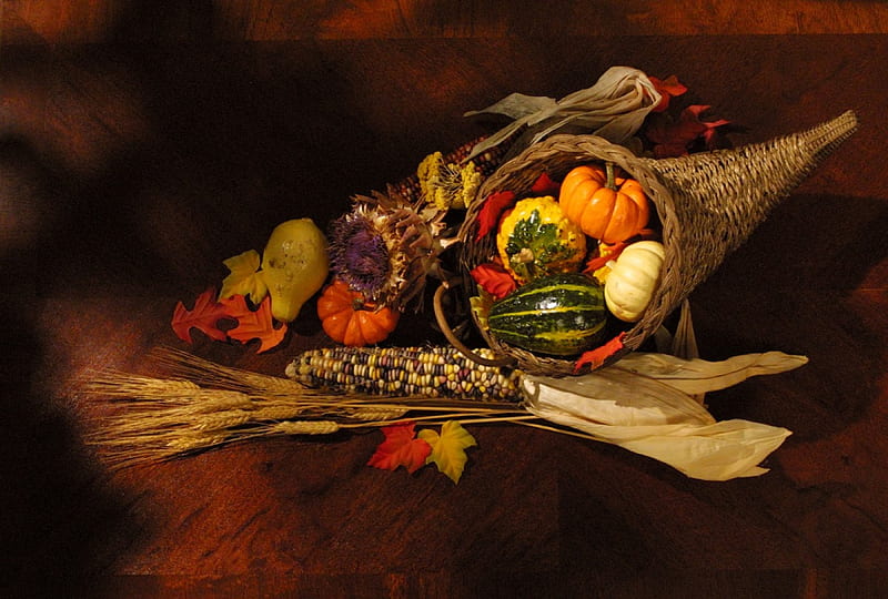 Thanksgiving~Cornucopia, corn, Fall, wheat, Cornucopia, sunflower, Happy Thanksgiving, gourds, horn of plenty, leaves, Thanksgiving, Autumn, pumpkins, HD wallpaper