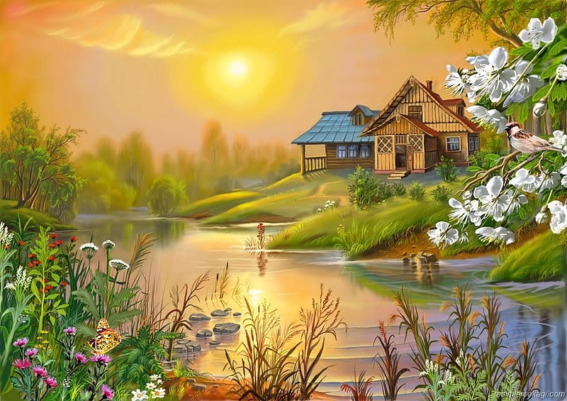 Sunny Spring Day, house, glow, sun, birds, sunny, spring, sky, lake, butterfly, flowers, day, HD wallpaper