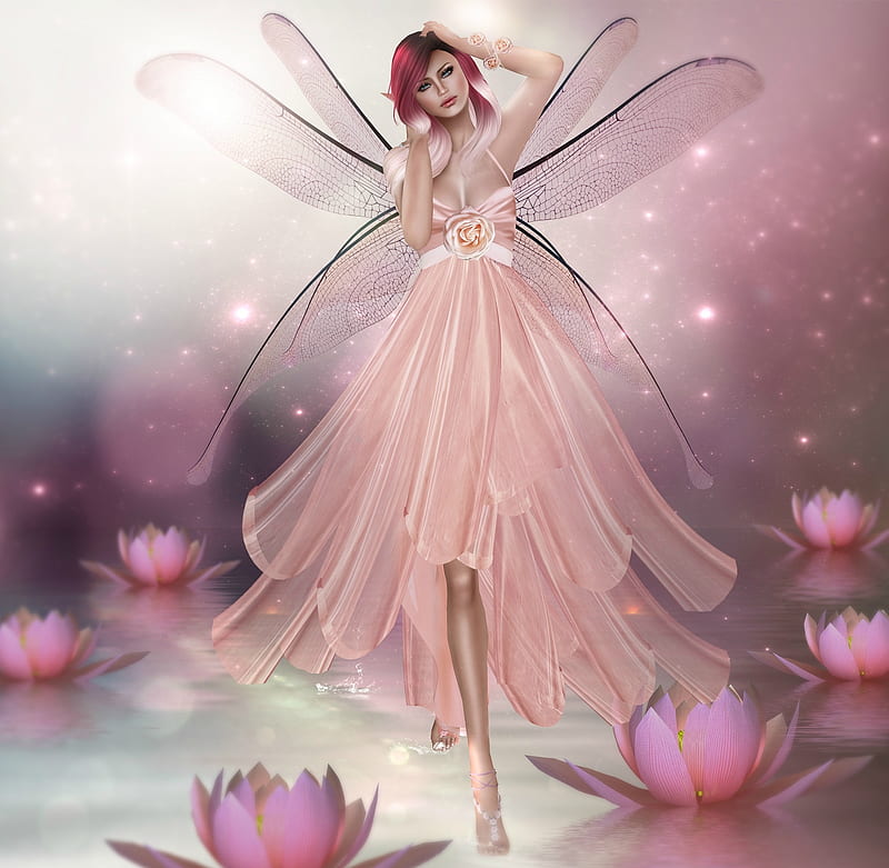 Spring fairy, wings, dress, luminos, spring, fantasy, magissadenver, rendering, flower, pink, fairy, HD wallpaper