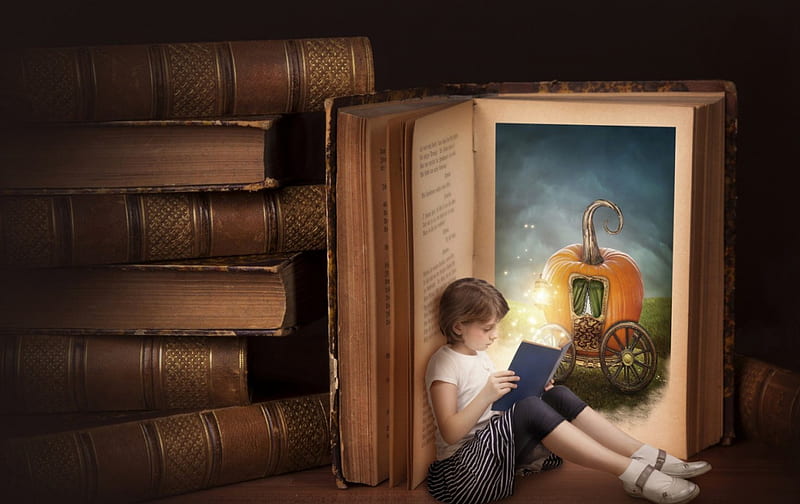 Alice, little, brown, orange, surrealism, book, wonderland, fantasy, girl, manipulation, pumpkin, child, HD wallpaper