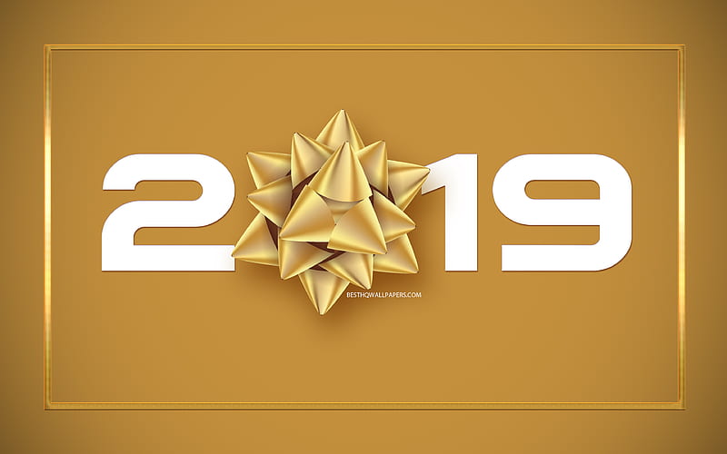 2019 Year, Happy New Year, 2019 concepts, golden silk bow, 2019 art, 2019 creative design, golden 2019 background, congratulation, HD wallpaper