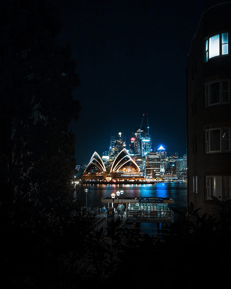 architecture, night city, building, theater, sydney, HD phone wallpaper