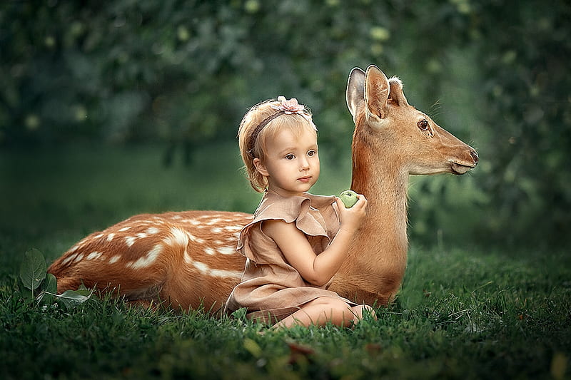 Little Girl, Apple, Girl, Park, Deer, HD wallpaper