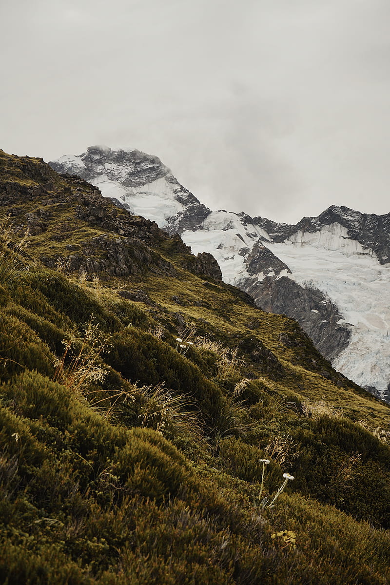mountain, grass, snow, hill, HD phone wallpaper