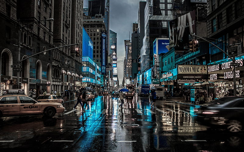 manhattan, rain, street, taxi, night, new york, usa, HD wallpaper