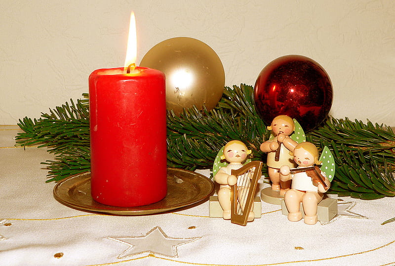 First Advent Candle, red, candle, burning, christmas decoration, bonito, angels figure, HD wallpaper