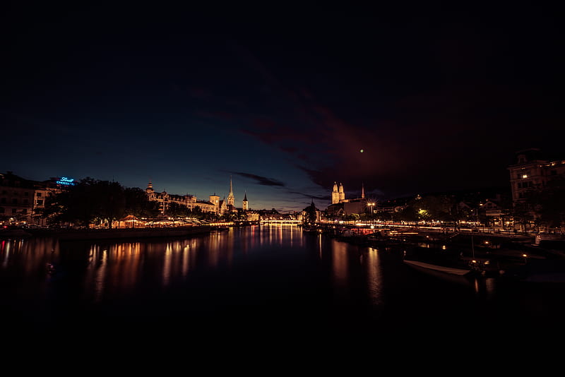 river, city, night, lights, reflection, dark, HD wallpaper
