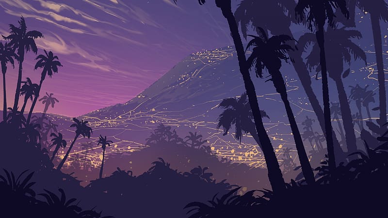 Night, palm tree, hawaii, fantasy, lights, vector, silhouette, art, mountain, purple, HD wallpaper