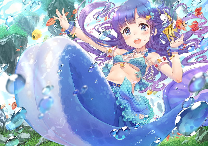 Asari Nanami, terumii, fish, manga, mermaid, sirena, water, girl, anime, summer, blue, HD wallpaper