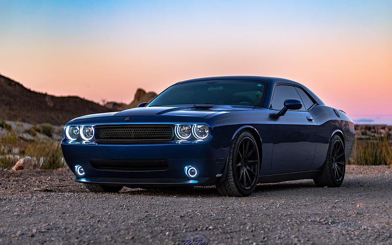 Dodge Challenger, blue sports coupe, Challenger tuning, dark blue Challenger, Challenger custom, American sports cars, Dodge, HD wallpaper
