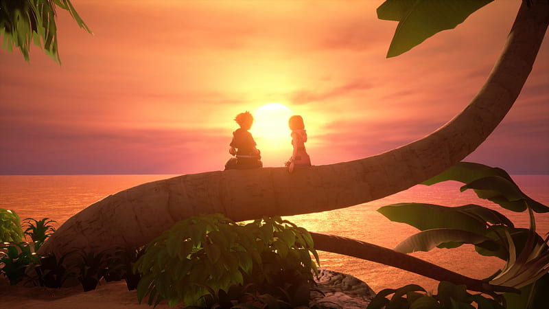 kingdom hearts 3 kairi sora sitting on a bent tree with background of sunset games, HD wallpaper