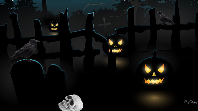 Three Jack-O-Lanterns, fence, haunting, raven, cemetery, crows, eerie, creepy, graves, scary, Halloween, skull, jack-o-lanterns, pumpkins, HD wallpaper