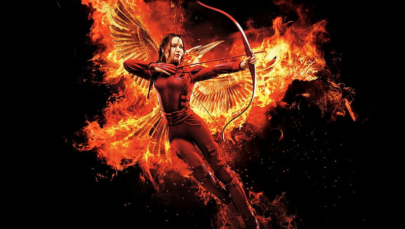 The Hunger Games: Mockingjay - Part 2 (2015), wings, movie, jennifer lawrence, orange, the hunger games, black, katniss, arrow, fire, fantasy, girl, actress, archer, mockingjay, HD wallpaper
