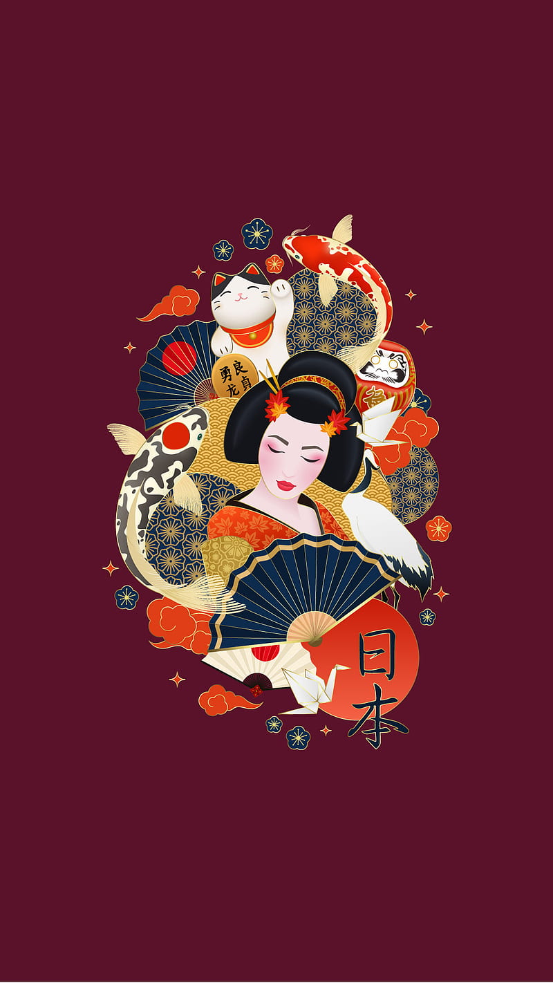 geisha colorfull, cat, fish, japan, japan culture, love, red, women, HD phone wallpaper