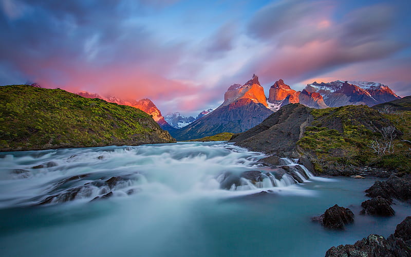 Torres del Paine National Park, evening, Andes, mountain landscape, mountain river, Patagonia, Magallanes Region, Chile, HD wallpaper
