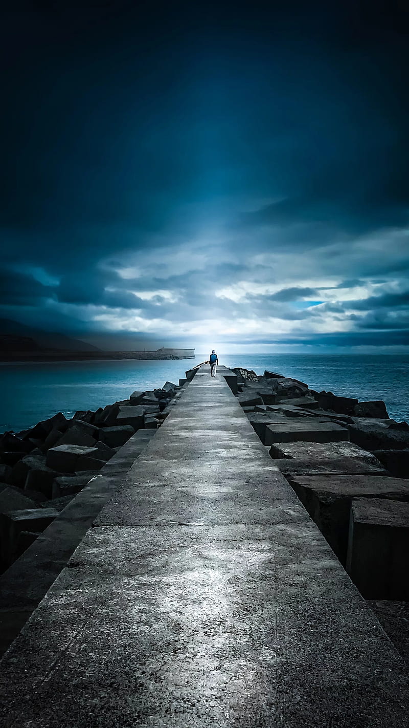 The edge, beach, blue, blue sky, dark, light, man, night, rocks, stones, HD phone wallpaper