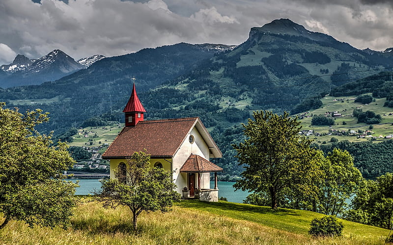 Houses Scenery, houses, mountains, grass, Switzerland, nature, trees, landscape, HD wallpaper