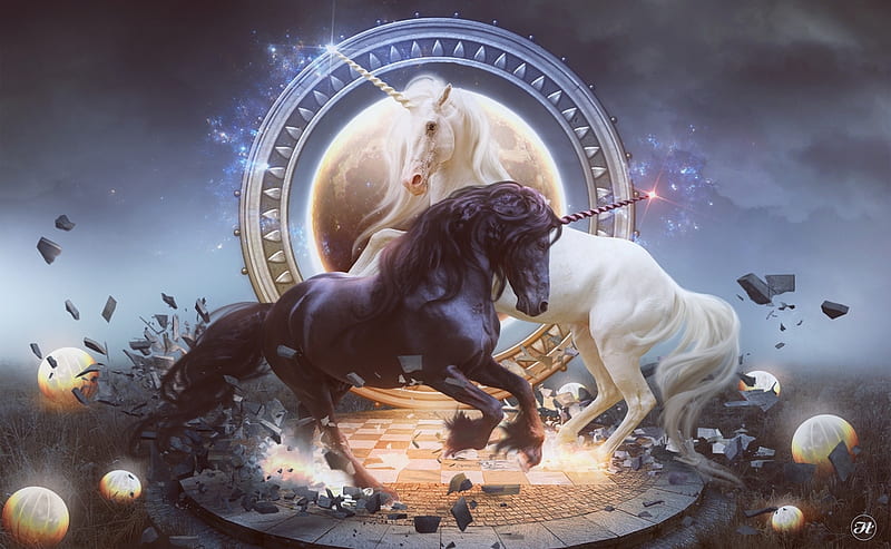 Unicorn Fantasy, fantasy, black and white, magical, Enchanting, mythical, Unicorns, digital art, HD wallpaper
